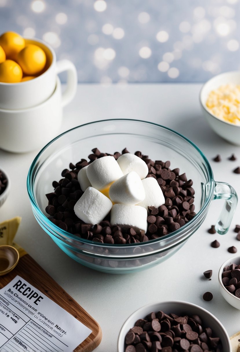 A mixing bowl filled with marshmallow fluff and chocolate chips, surrounded by ingredients and a recipe card