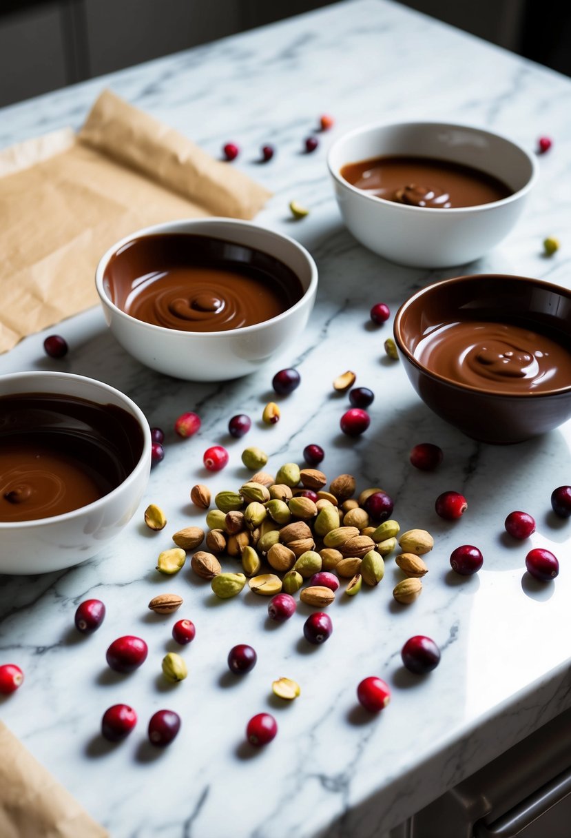 A marble countertop with scattered cranberries and pistachios, surrounded by bowls of melted chocolate and parchment paper