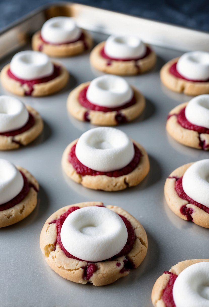 A batch of Raspberry Swirl Mallow Cookies being made with marshmallow fluff and cookie dough on a baking sheet