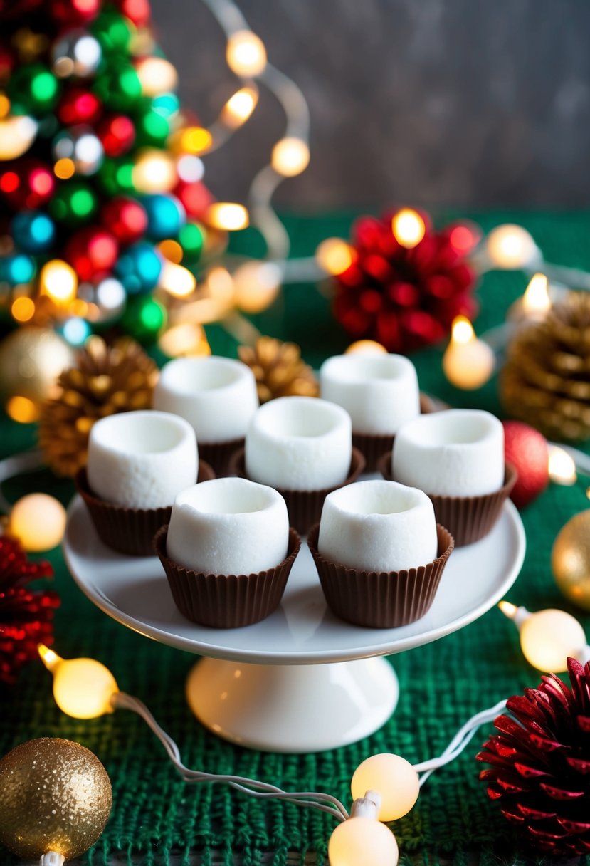 A festive table with marshmallow chocolate cups, surrounded by colorful holiday decorations and twinkling lights