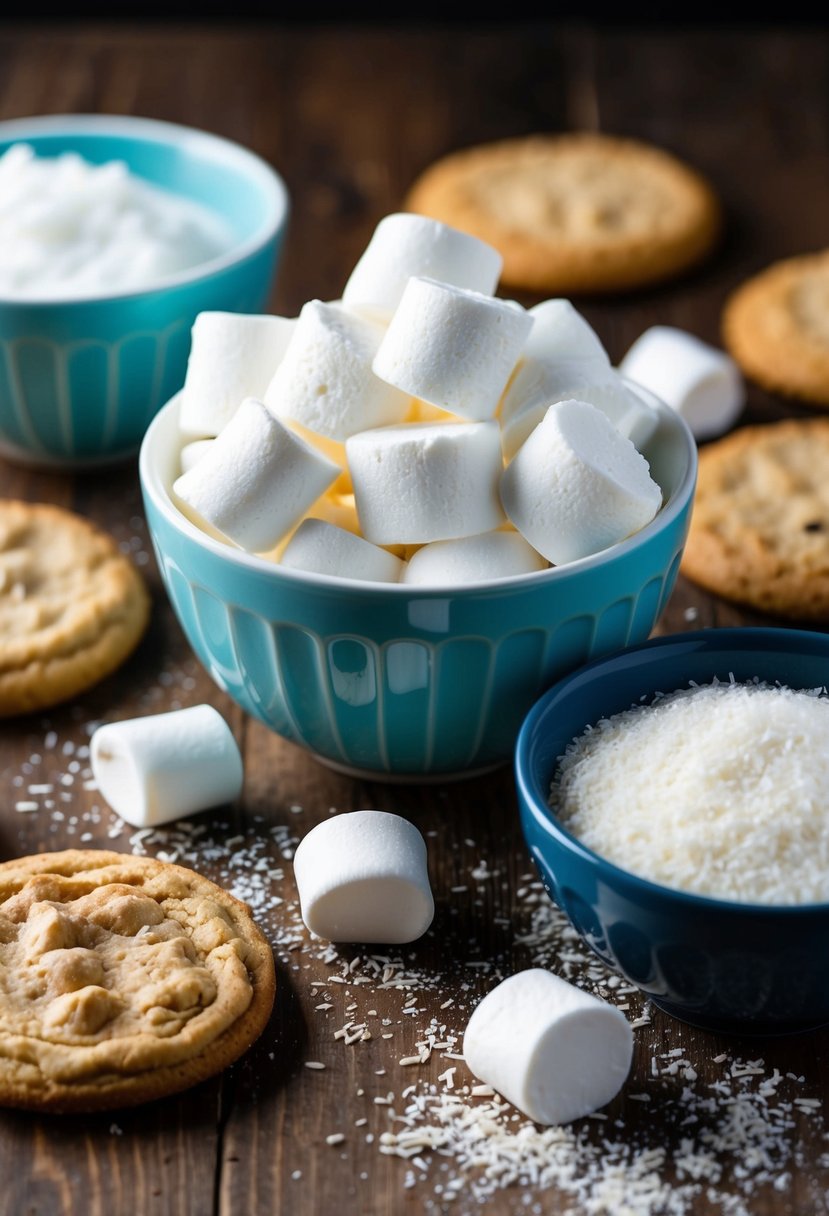 A bowl of marshmallow fluff surrounded by coconut and cookie ingredients