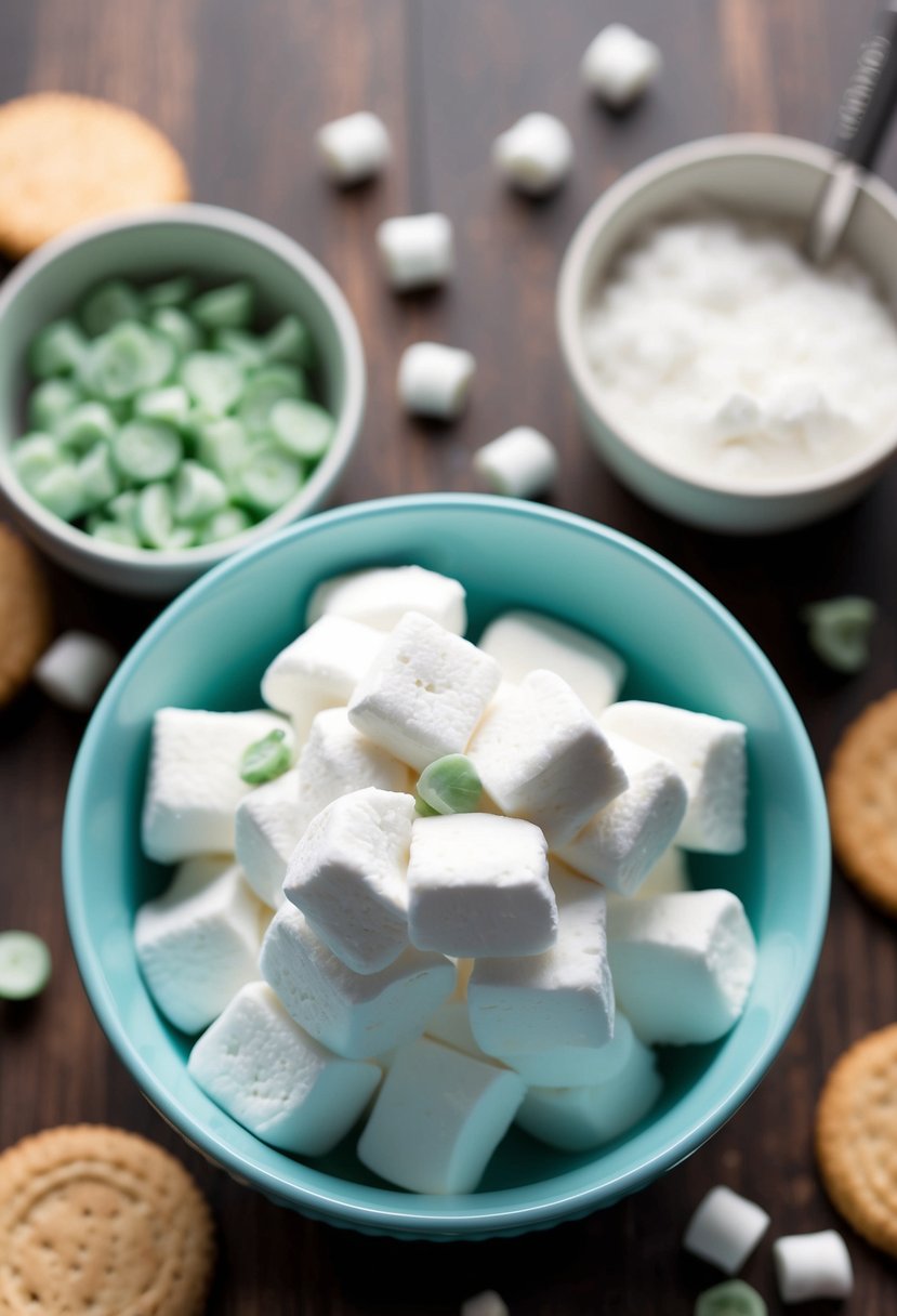 A mixing bowl filled with marshmallow fluff, surrounded by ingredients like mint chips and cookies