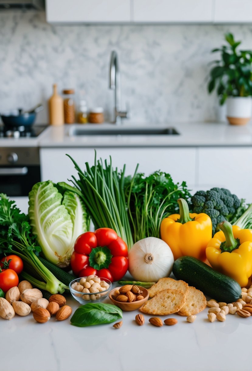 A colorful array of fresh vegetables, nuts, and lean proteins arranged on a clean, modern kitchen counter