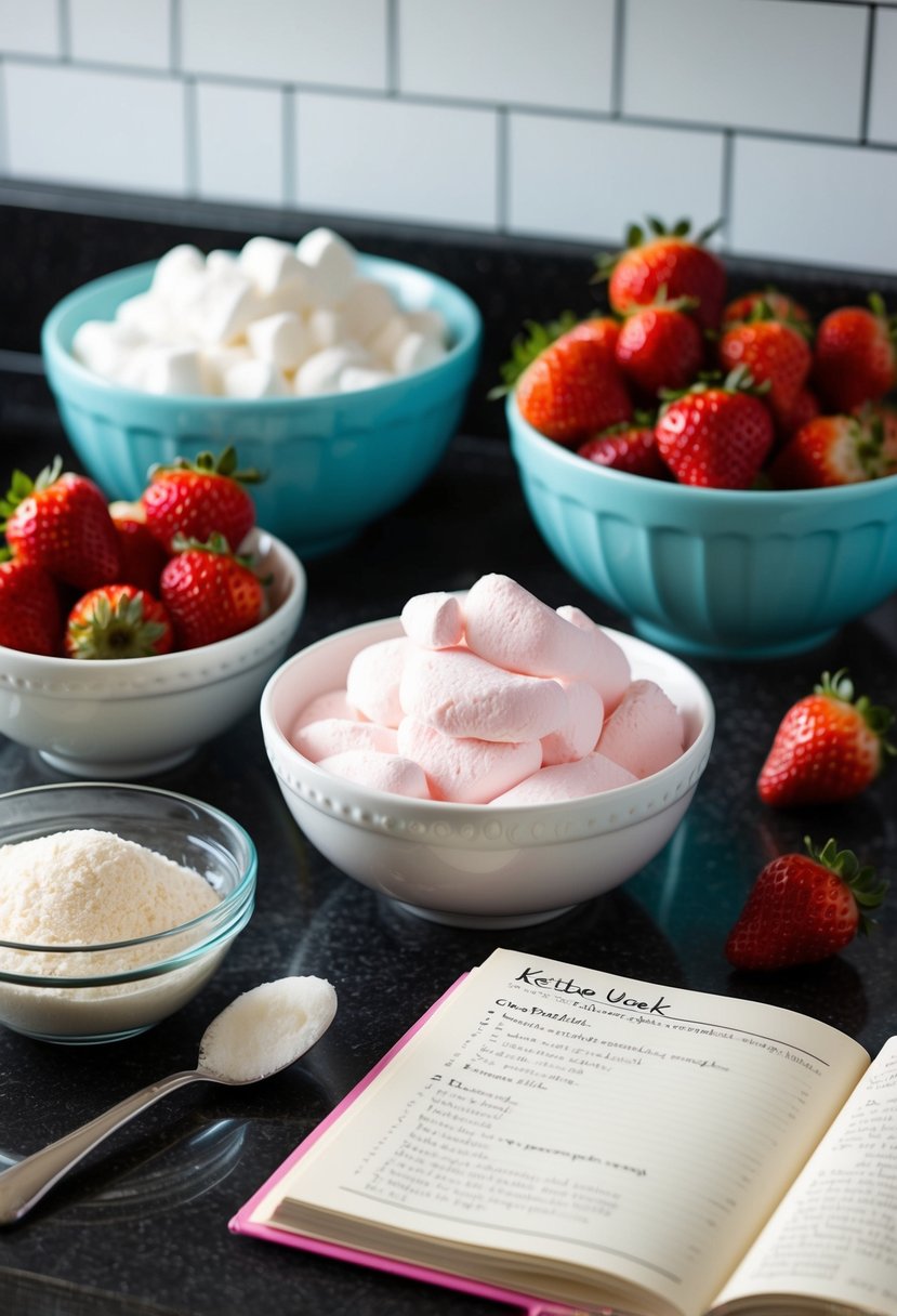 A kitchen counter cluttered with bowls of marshmallow fluff, strawberries, and cookie ingredients. A recipe book lies open, with a page marked for Strawberry Puff Pillows