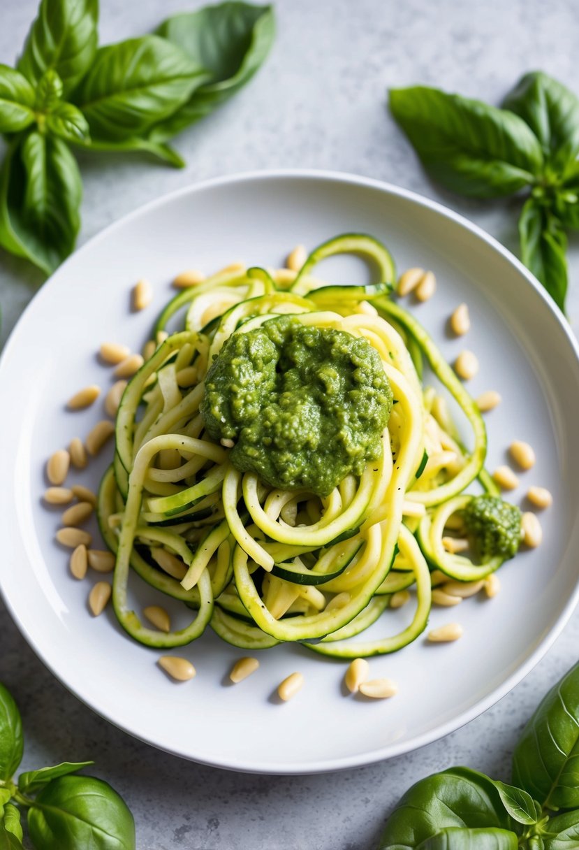 A plate of zucchini noodles topped with vibrant green pesto sauce, surrounded by fresh basil leaves and pine nuts