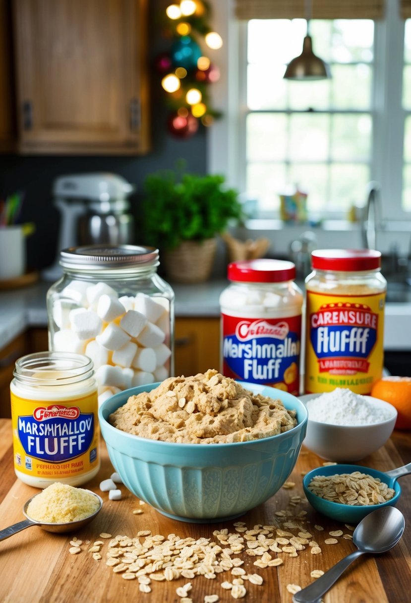 A cozy kitchen with a bowl of fluffy oatmeal cookie batter surrounded by jars of marshmallow fluff and treasure trove of ingredients