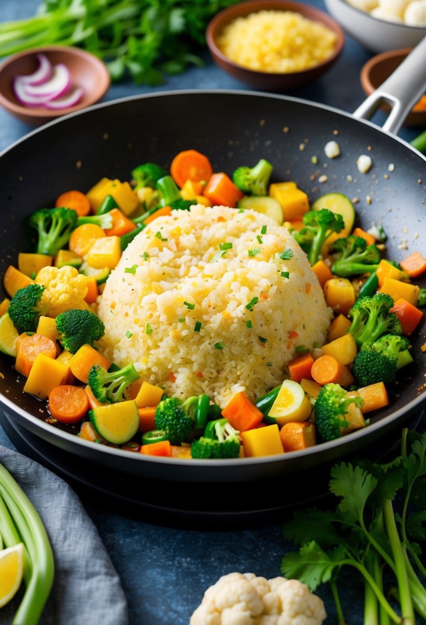 A sizzling stir-fry pan with colorful vegetables and cauliflower rice, surrounded by fresh ingredients and cooking utensils