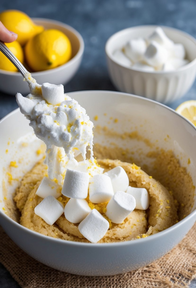 A bowl of fluffy marshmallow mixture being folded into a lemon zest-infused cookie batter