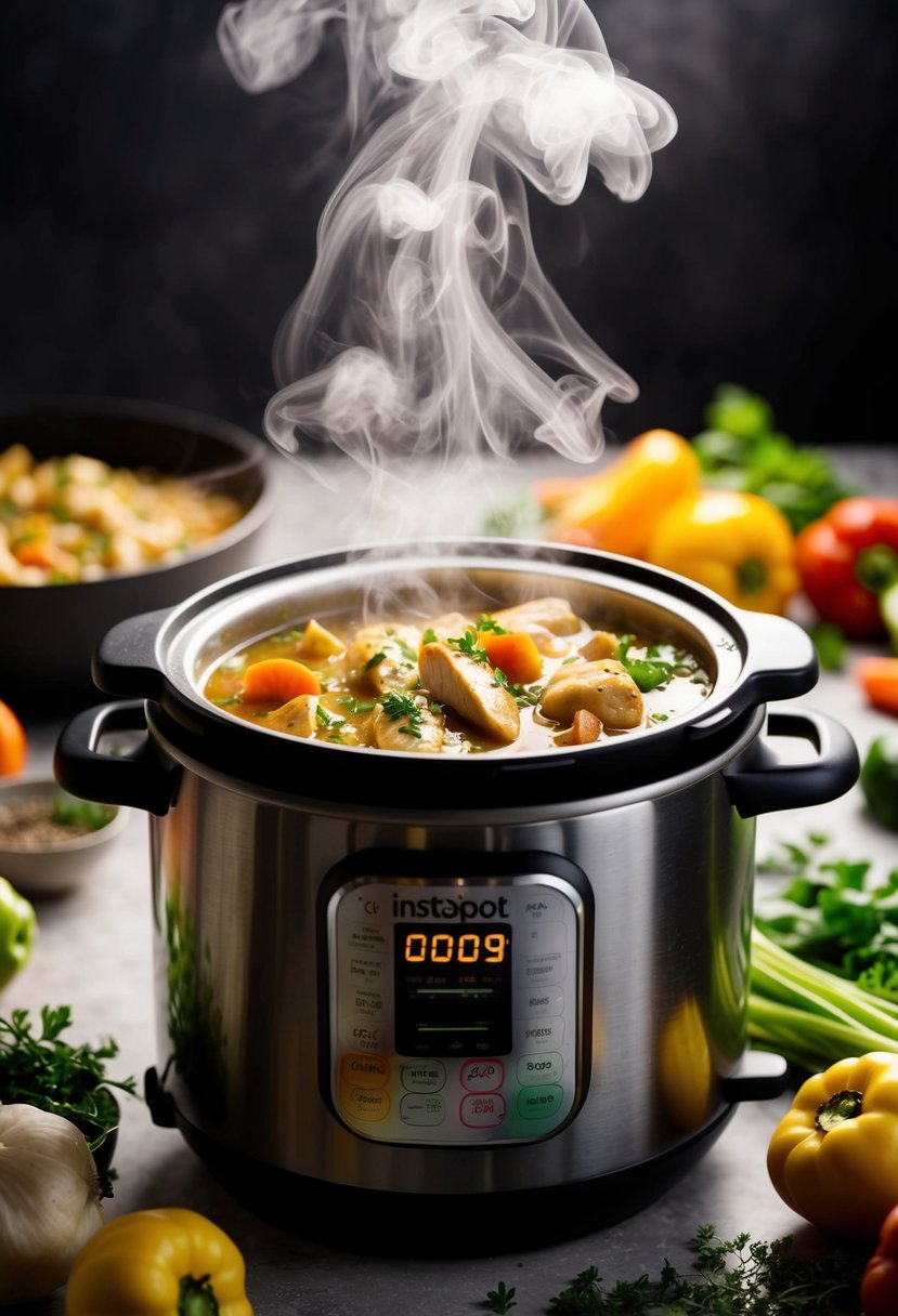 A steamy Instapot filled with hearty chicken stew, surrounded by fresh vegetables and herbs