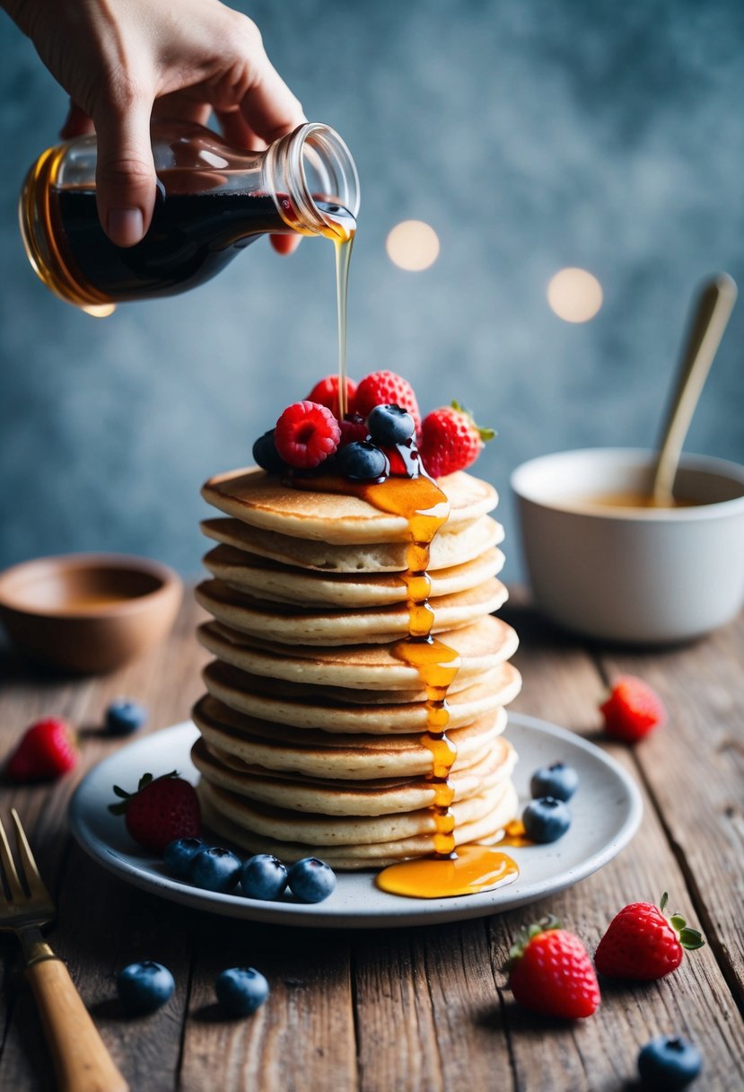 A stack of almond flour pancakes topped with fresh berries and drizzled with sugar-free syrup on a rustic wooden table