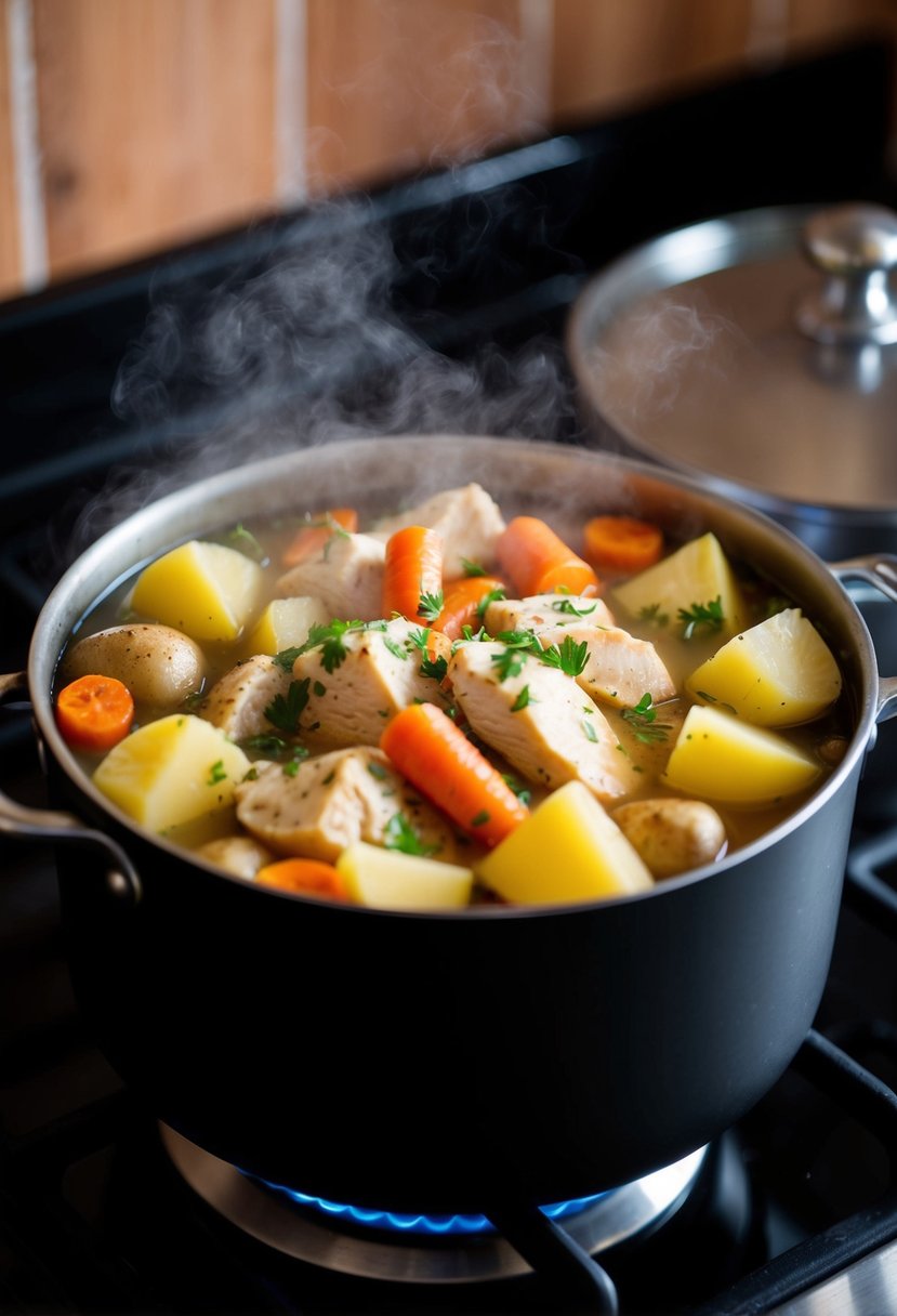 A steaming pot filled with hearty chunks of chicken, carrots, potatoes, and savory broth bubbling away on a stovetop