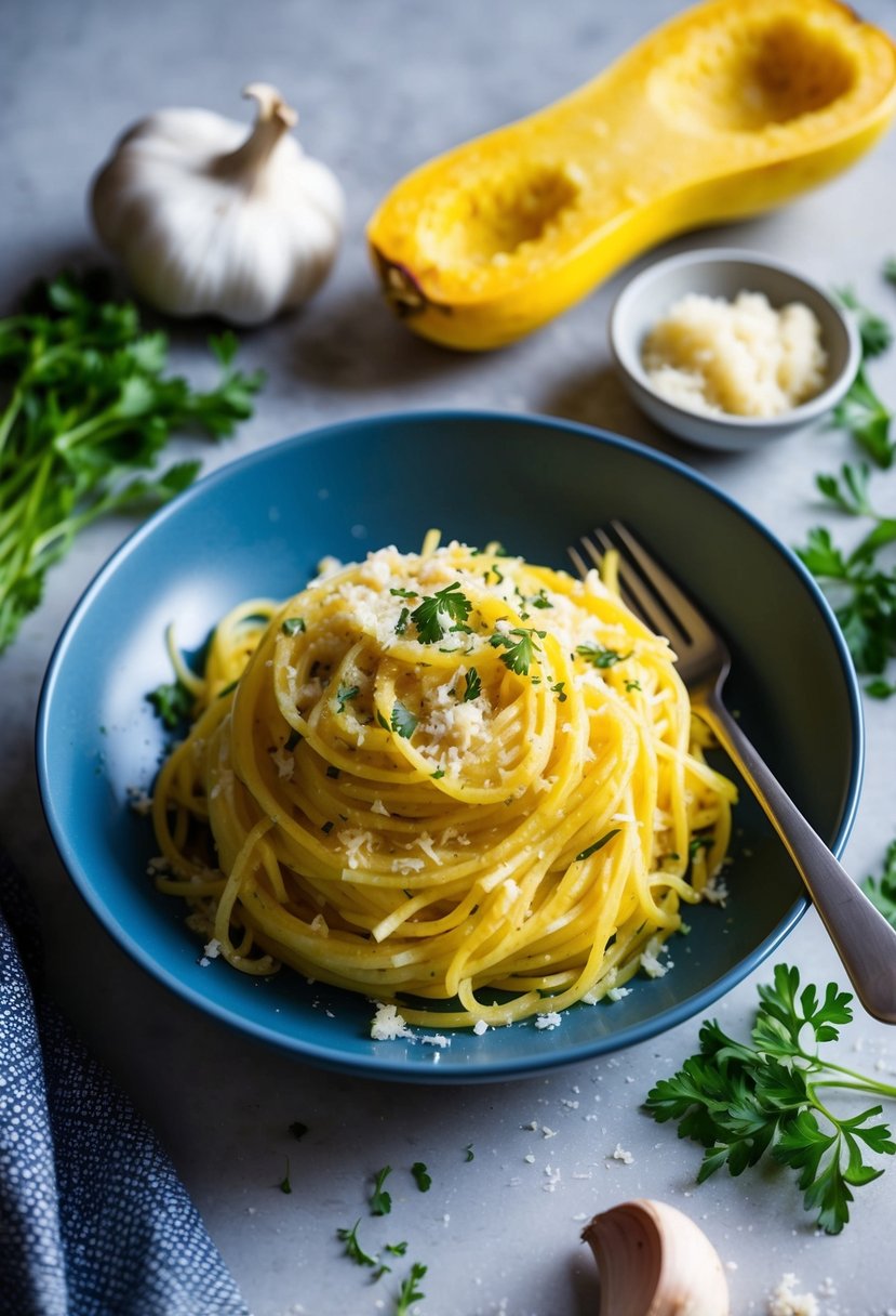 A steaming plate of spaghetti squash Alfredo, surrounded by fresh ingredients like garlic, parmesan cheese, and herbs