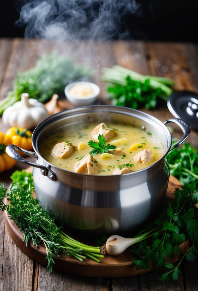 A steaming pot filled with creamy garlic chicken stew, surrounded by fresh herbs and vegetables on a rustic wooden table