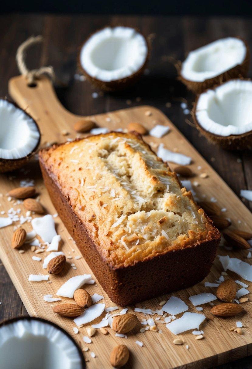 A loaf of coconut flour bread surrounded by coconut flakes, almonds, and a few scattered coconuts on a wooden cutting board