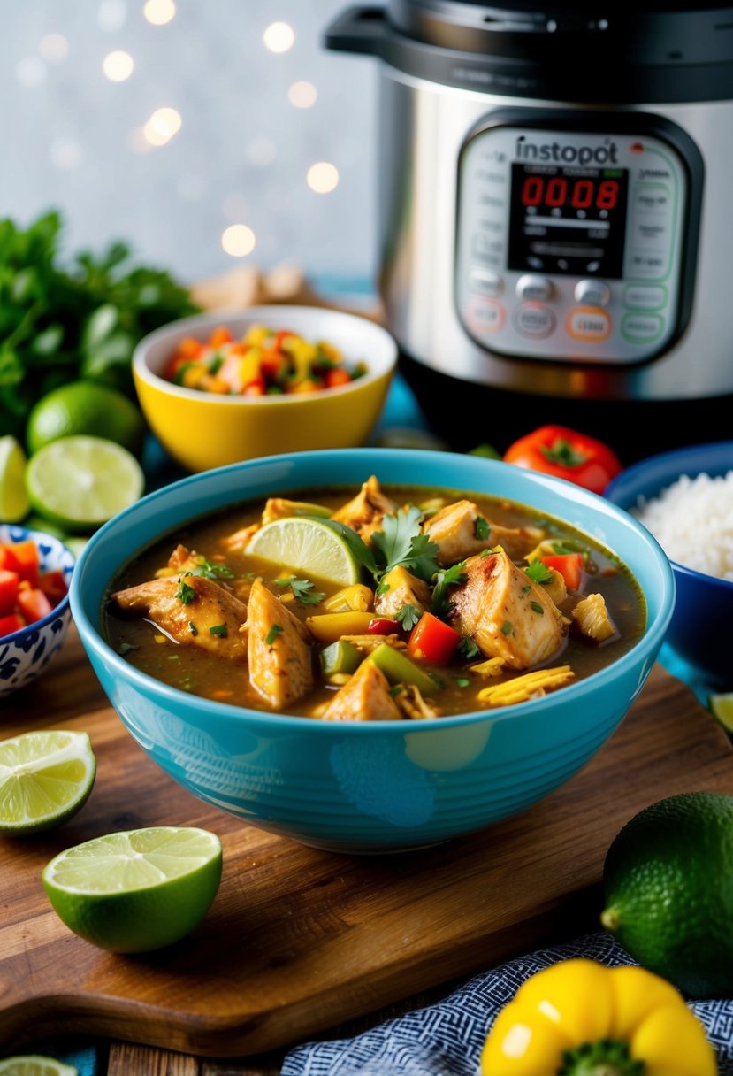 A steaming bowl of Mexican chicken stew with lime, surrounded by colorful ingredients and an Instapot in the background