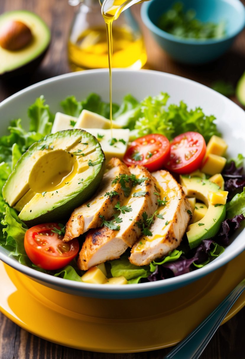 A colorful bowl filled with grilled chicken, lettuce, avocado, tomatoes, and cheese, drizzled with olive oil and sprinkled with herbs