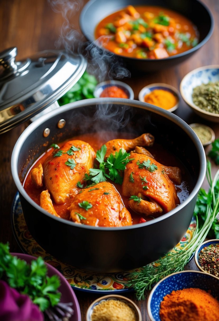 A steaming pot filled with vibrant red Moroccan chicken stew, surrounded by colorful spices and herbs