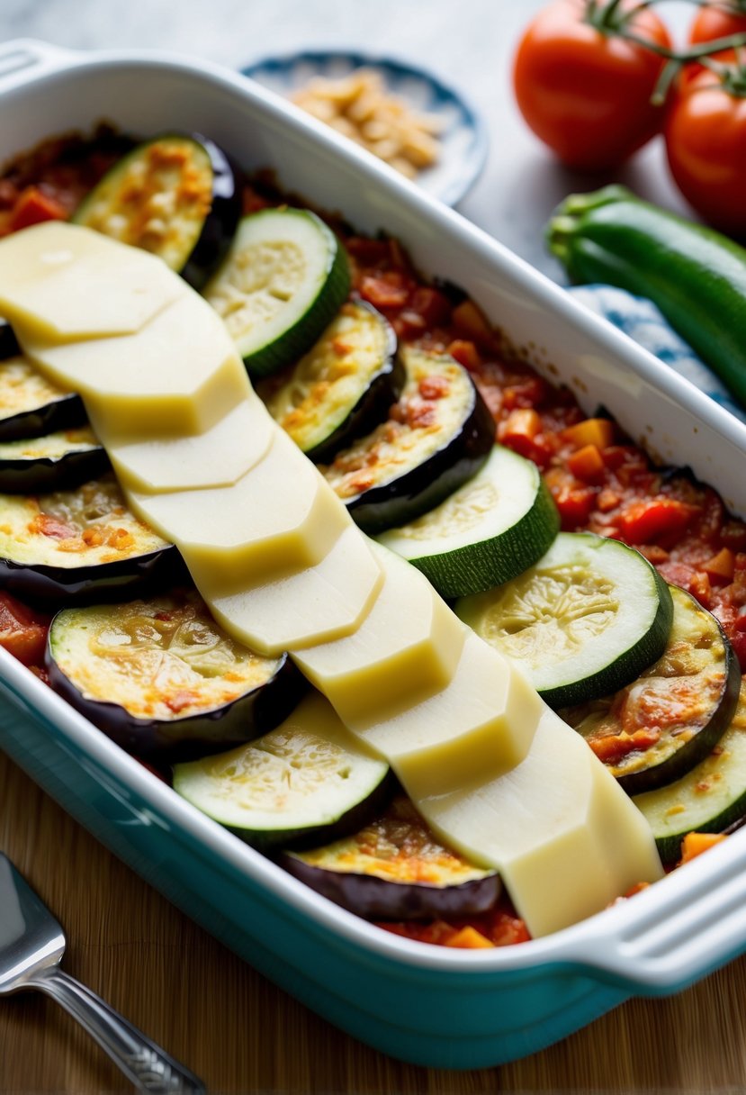 A colorful array of sliced eggplant, zucchini, and layers of cheese and tomato sauce in a baking dish