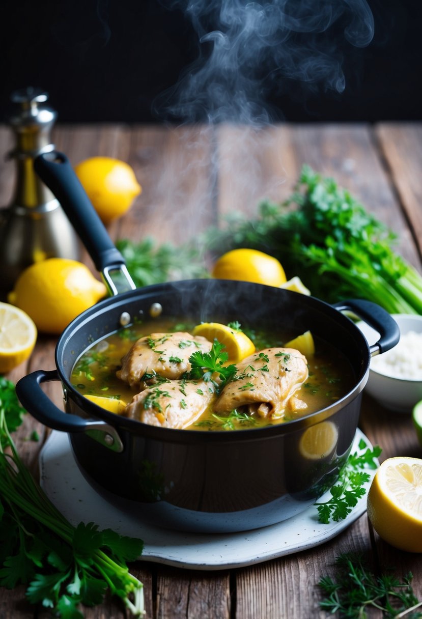 A steaming pot filled with lemon herb chicken stew, surrounded by fresh vegetables and herbs on a rustic wooden table