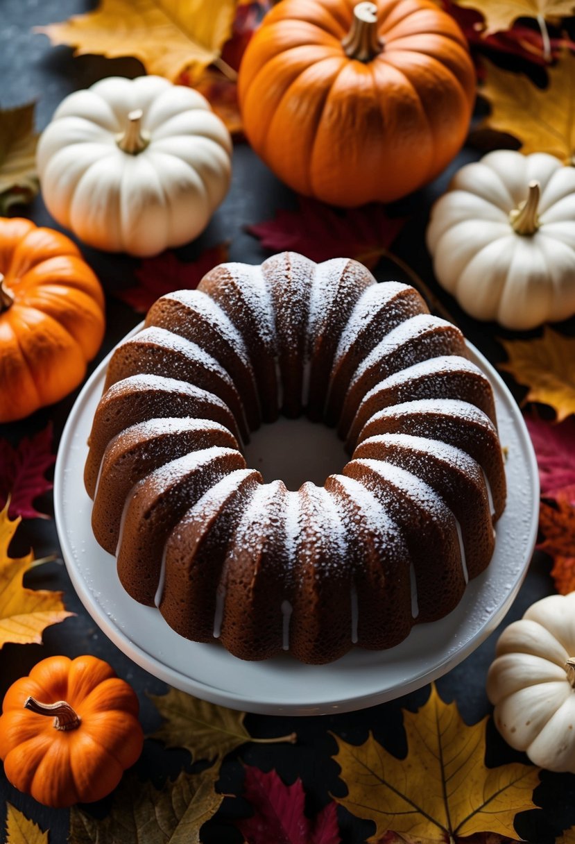 A festive bundt cake surrounded by autumn leaves and pumpkins