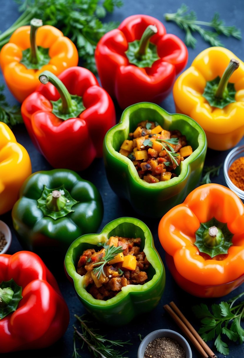 A colorful array of bell peppers filled with a savory mixture, surrounded by fresh herbs and spices