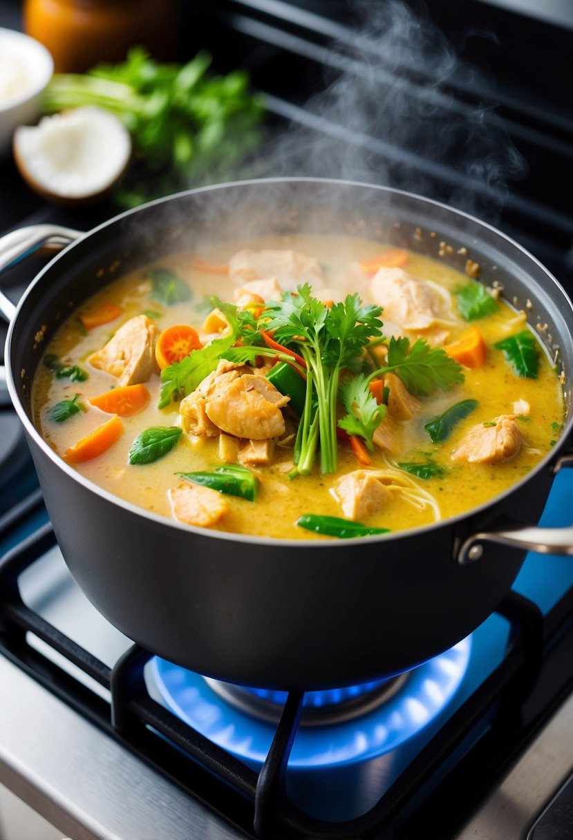 A steaming pot of Thai coconut chicken stew with vibrant vegetables and aromatic herbs simmering on a stovetop