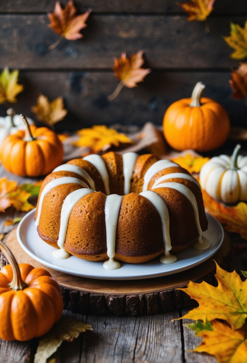 A Pumpkin Spice Bundt Cake with Cream Cheese Glaze sits on a rustic wooden table, surrounded by autumn leaves and a warm, cozy ambiance