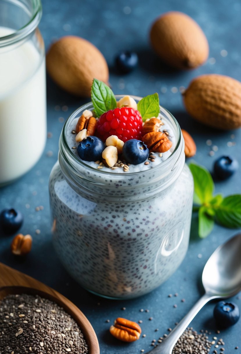 A glass jar filled with chia seed pudding topped with fresh berries and a sprinkle of nuts, surrounded by ingredients like almond milk, chia seeds, and a spoon