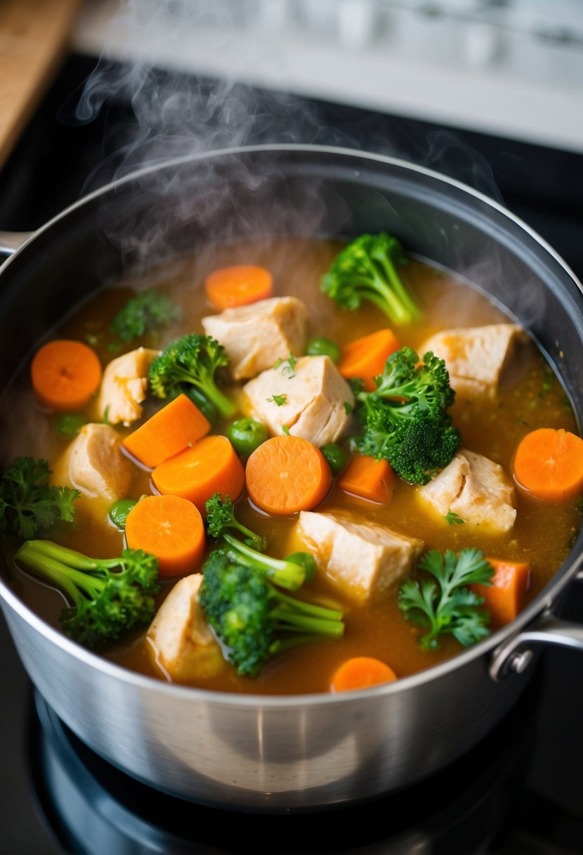 A steaming pot filled with colorful vegetables, tender chunks of chicken, and rich, savory broth simmering on a stovetop