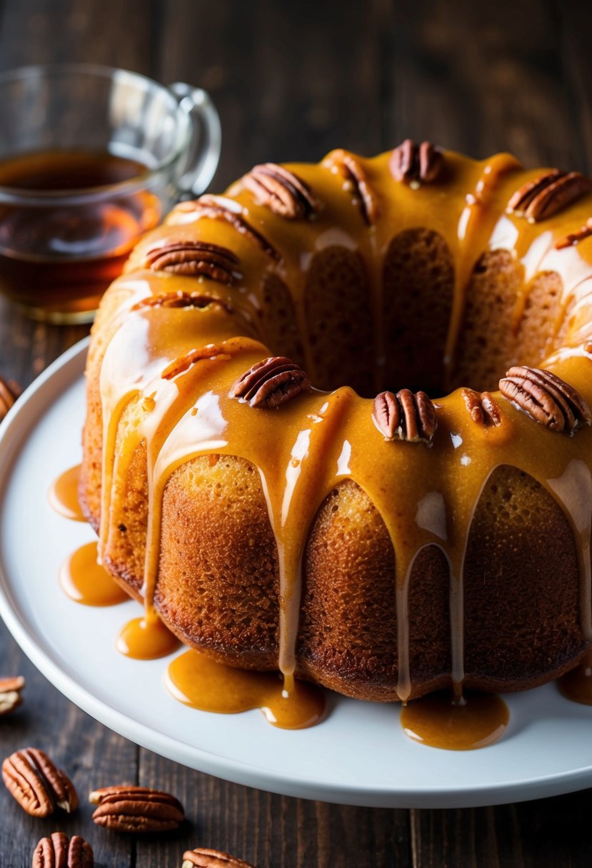 A golden bundt cake with pecans and maple glaze drizzling down the sides, topped with a rich bourbon icing