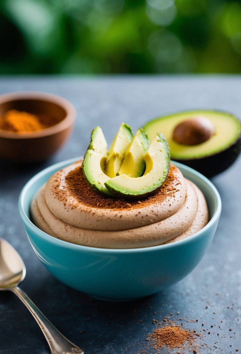 A bowl of rich, creamy avocado chocolate mousse topped with a sprinkle of cocoa powder and a few ripe avocado slices