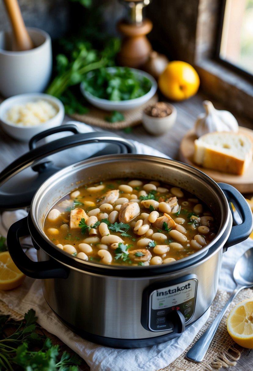 A rustic kitchen with a simmering instapot filled with Tuscan white bean chicken stew, surrounded by fresh ingredients and a cozy atmosphere