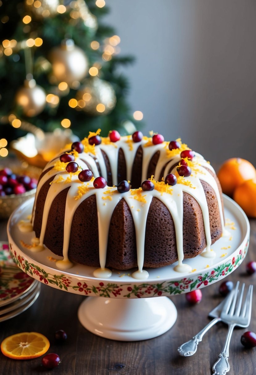 A festive bundt cake sits on a decorative platter, topped with a vanilla drizzle and garnished with cranberries and orange zest