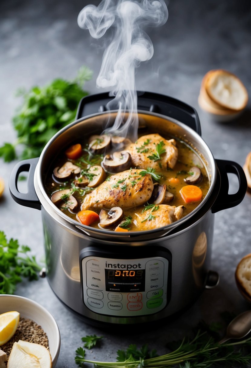 A bubbling instapot filled with savory chicken and mushroom stew, steam rising from the pot, surrounded by fresh herbs and spices