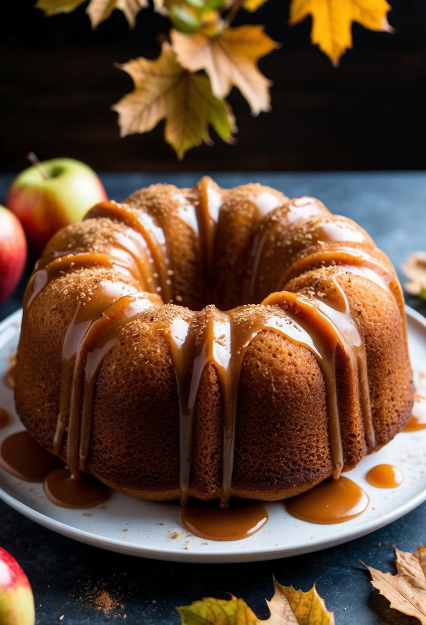 A warm, golden bundt cake topped with caramel glaze and sprinkled with cinnamon, surrounded by fresh apples and autumn leaves