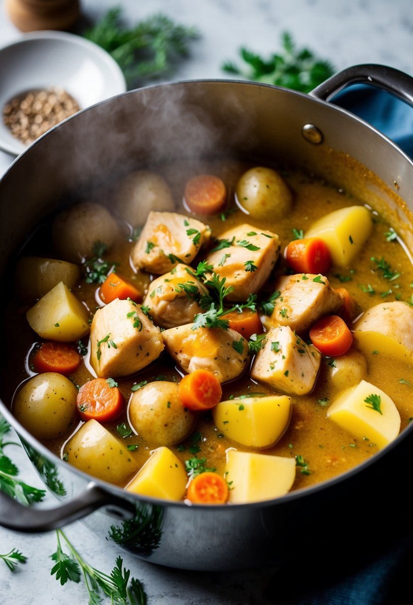 A steaming pot filled with chunks of tender chicken, carrots, and potatoes in a rich golden honey mustard sauce, surrounded by fresh herbs and spices