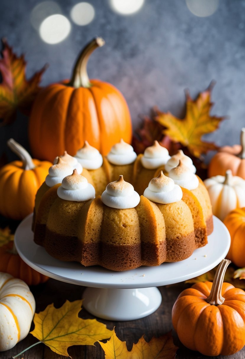 A golden bundt cake topped with fluffy marshmallow frosting, surrounded by fall leaves and pumpkins