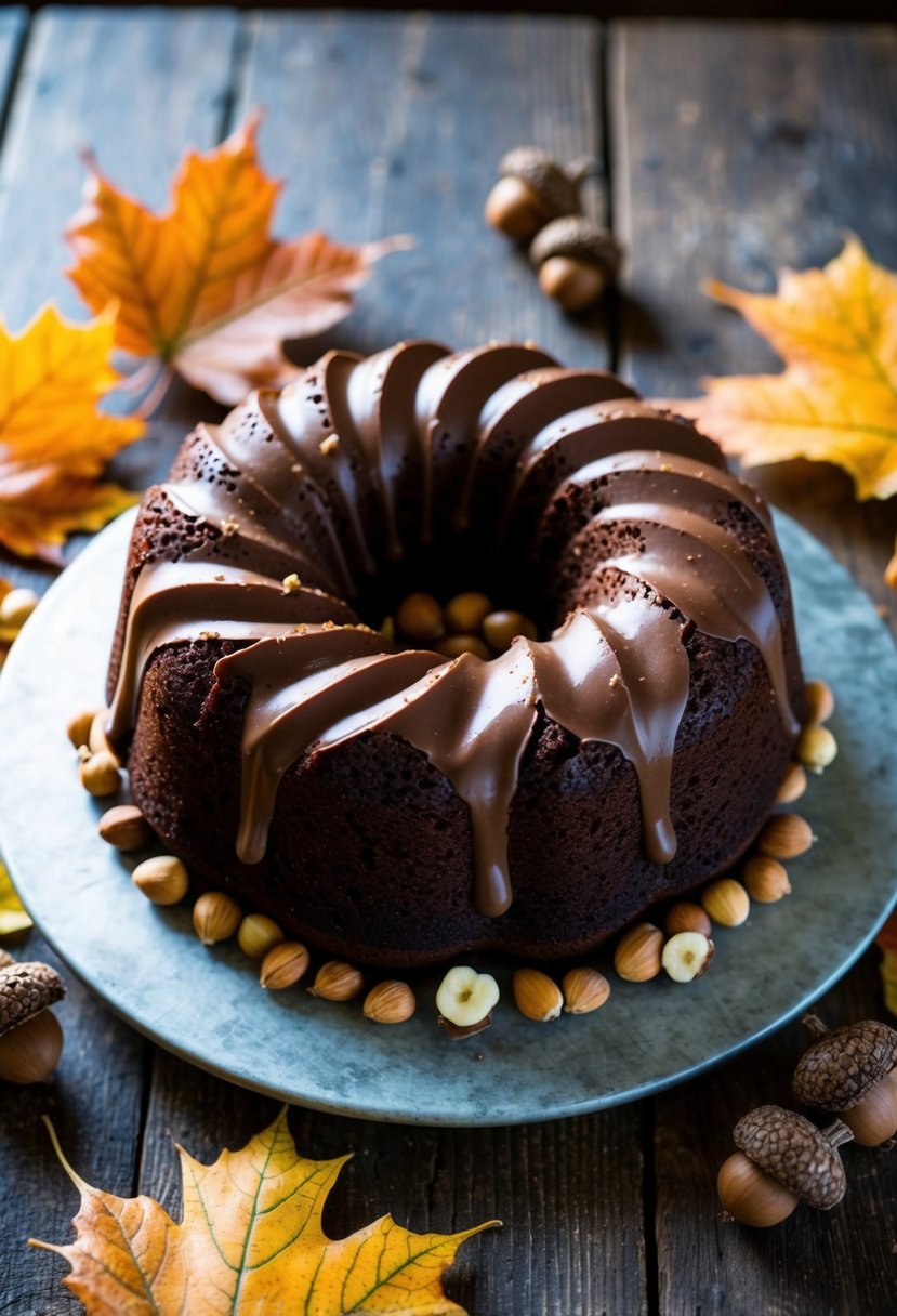 A Chocolate Swirl Bundt Cake topped with Hazelnut Spread, surrounded by fall leaves and acorns, set on a rustic wooden table