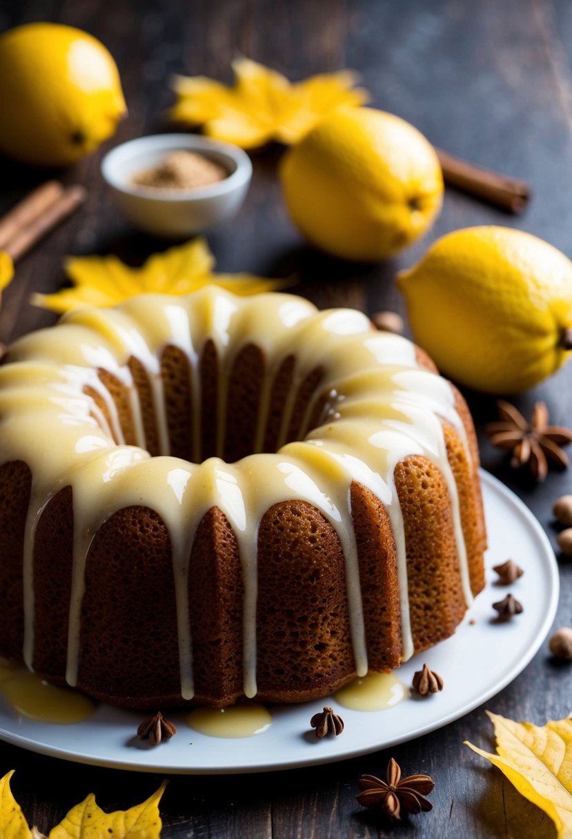 A golden gingerbread bundt cake with a shiny lemon glaze, surrounded by fall leaves and a scattering of whole spices