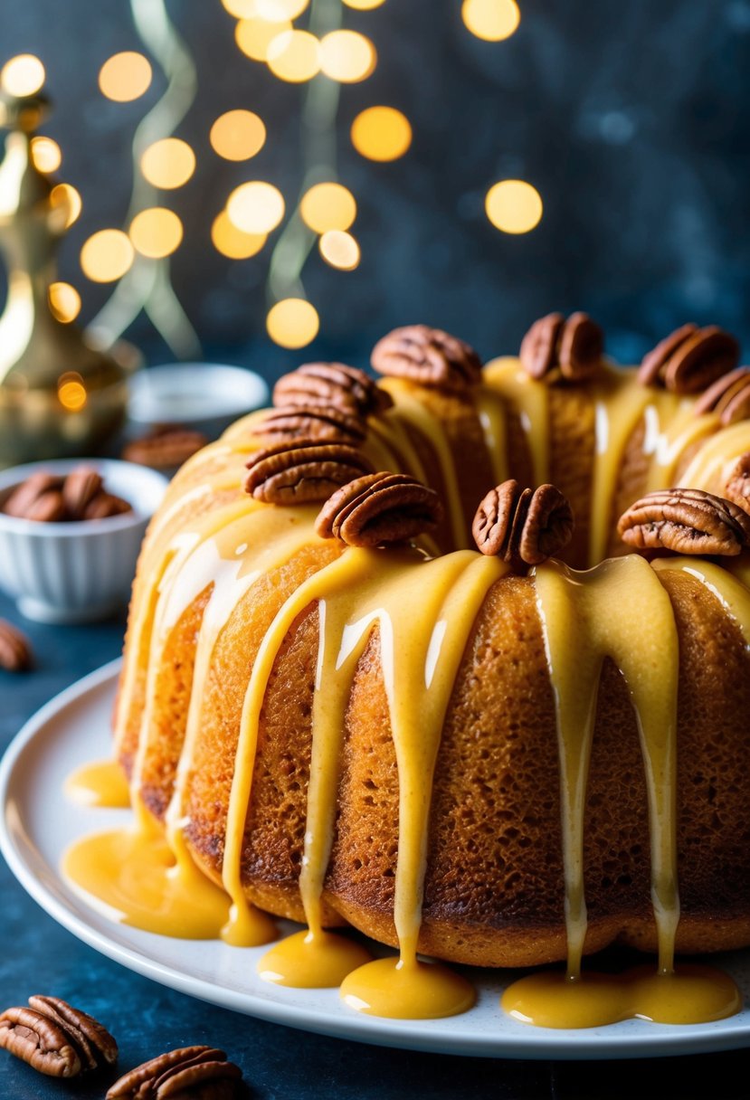 A golden bundt cake drizzled with butter rum sauce, topped with pecan pralines