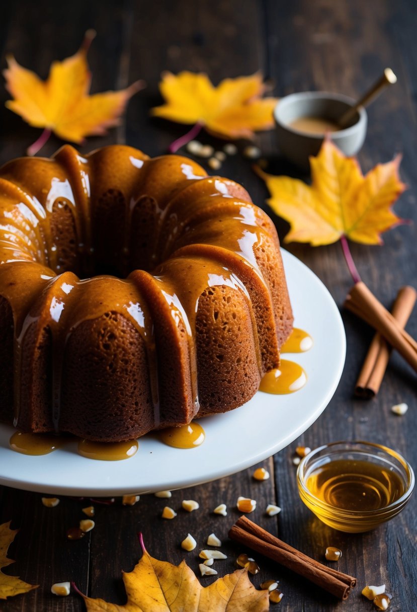 A warm, golden spiced chai bundt cake drizzled with a glossy honey glaze, surrounded by autumn leaves and a scattering of cinnamon sticks