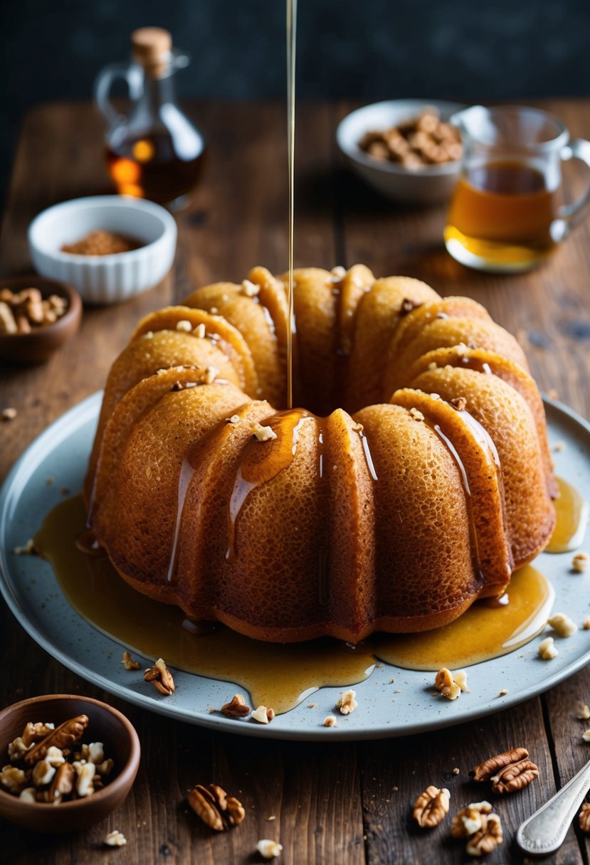 A golden bundt cake with vanilla bean flecks, drizzled with maple syrup and sprinkled with chopped walnuts, sits on a rustic wooden table