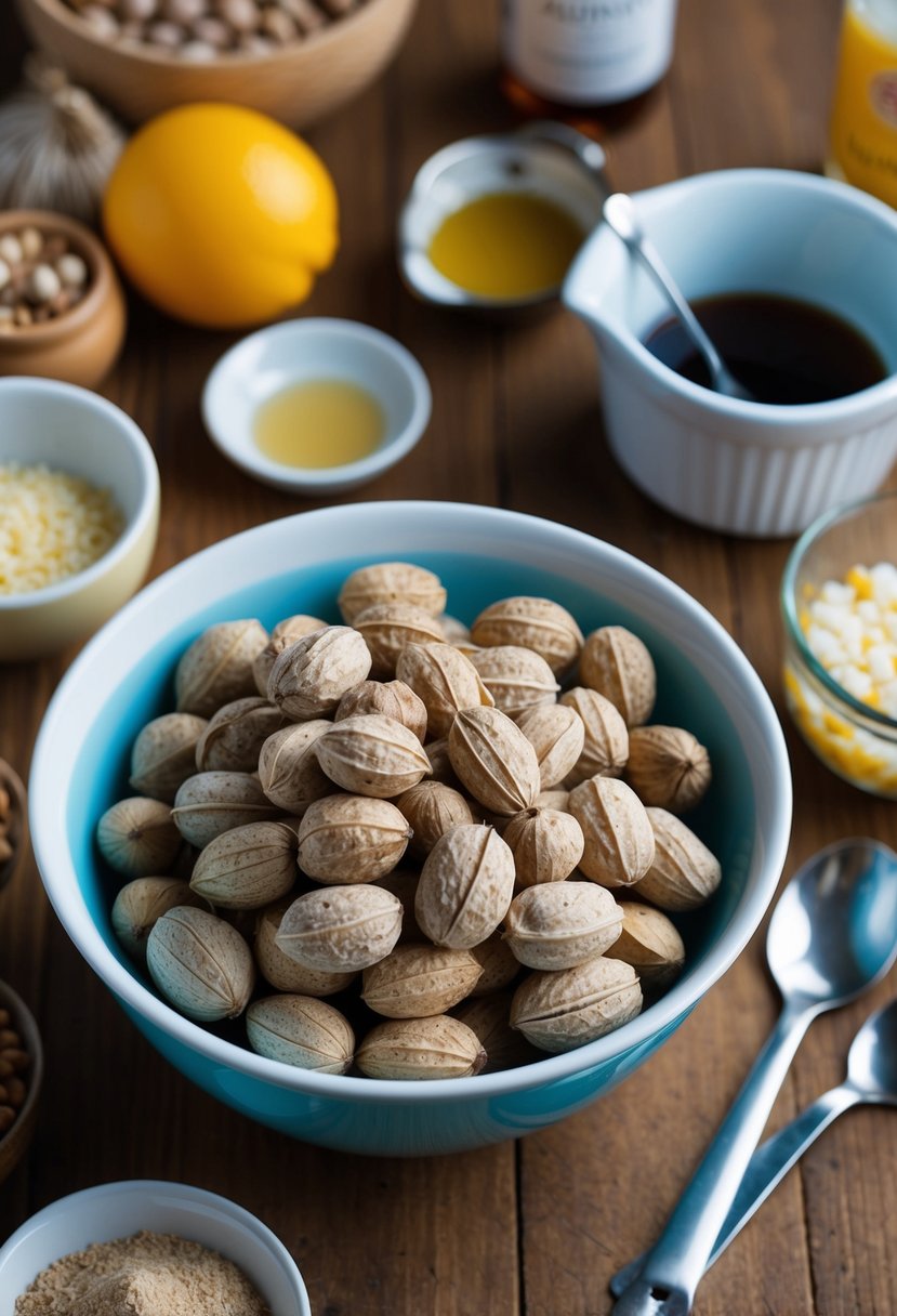 A bowl of soap nuts surrounded by various ingredients and utensils for making soap nut recipes