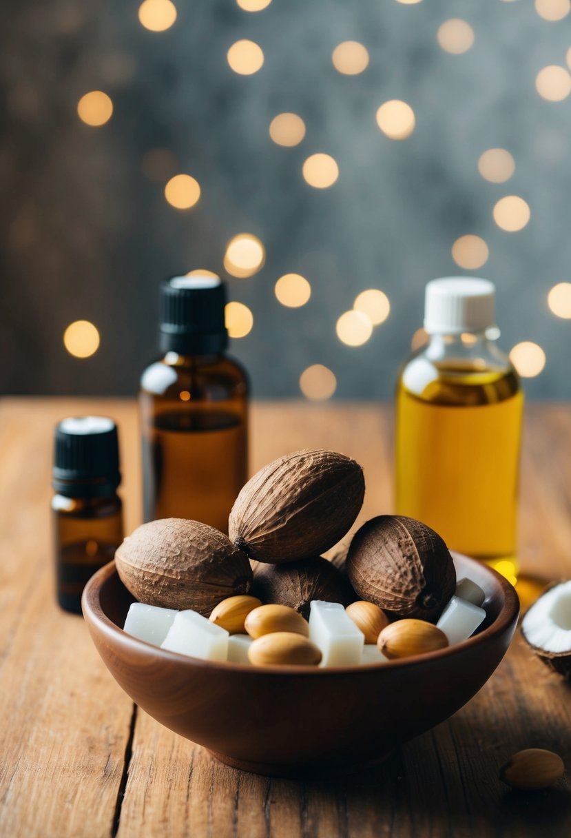 A bowl of soap nuts, coconut oil, and essential oils on a wooden table