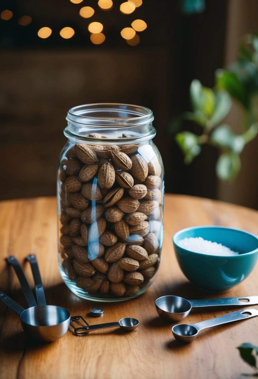 A glass jar filled with soap nuts, surrounded by measuring spoons and a mixing bowl on a wooden table