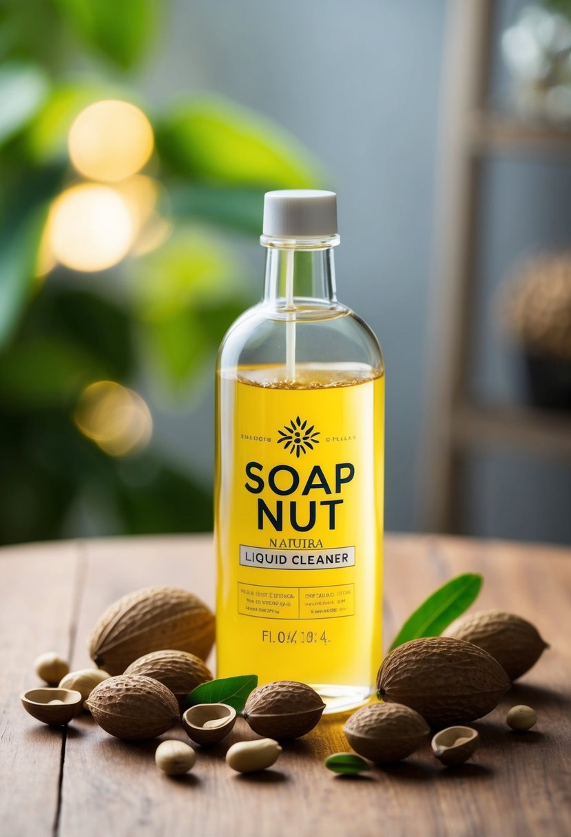 A clear bottle of soap nut liquid cleaner surrounded by soap nuts and other natural ingredients on a wooden surface