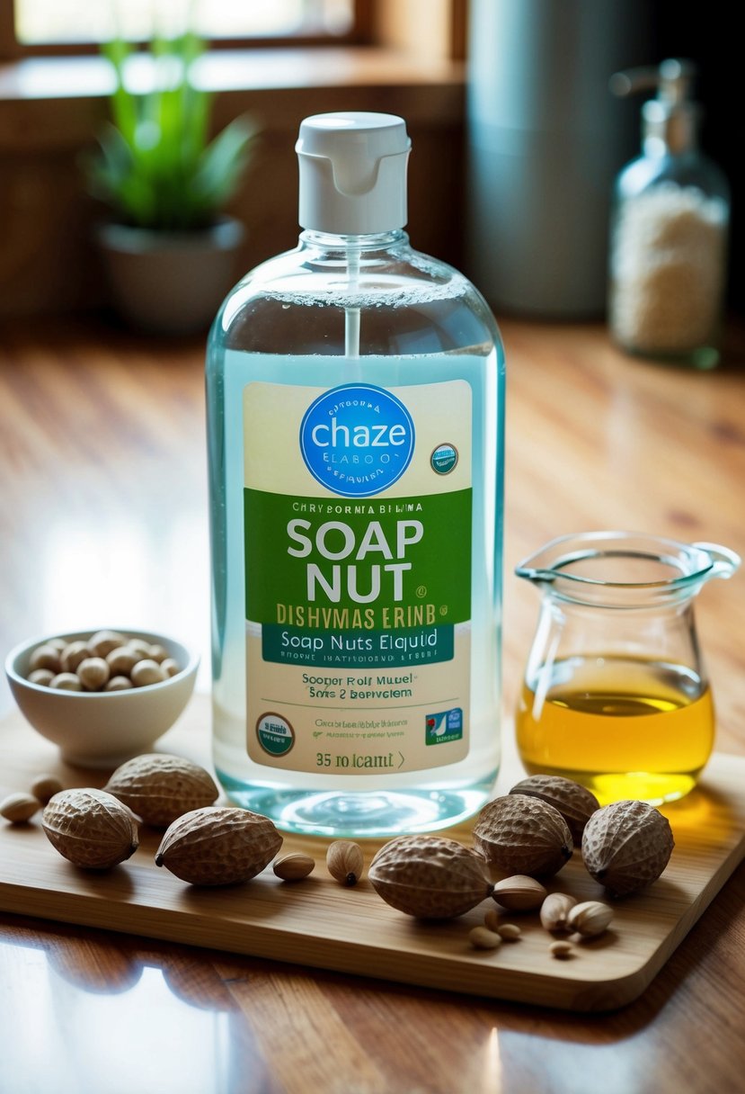 A clear bottle of soap nut dishwashing liquid surrounded by soap nuts and other natural ingredients on a wooden countertop