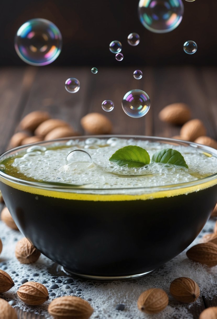 A large bowl filled with soap nut liquid, surrounded by soap nuts and bubbles