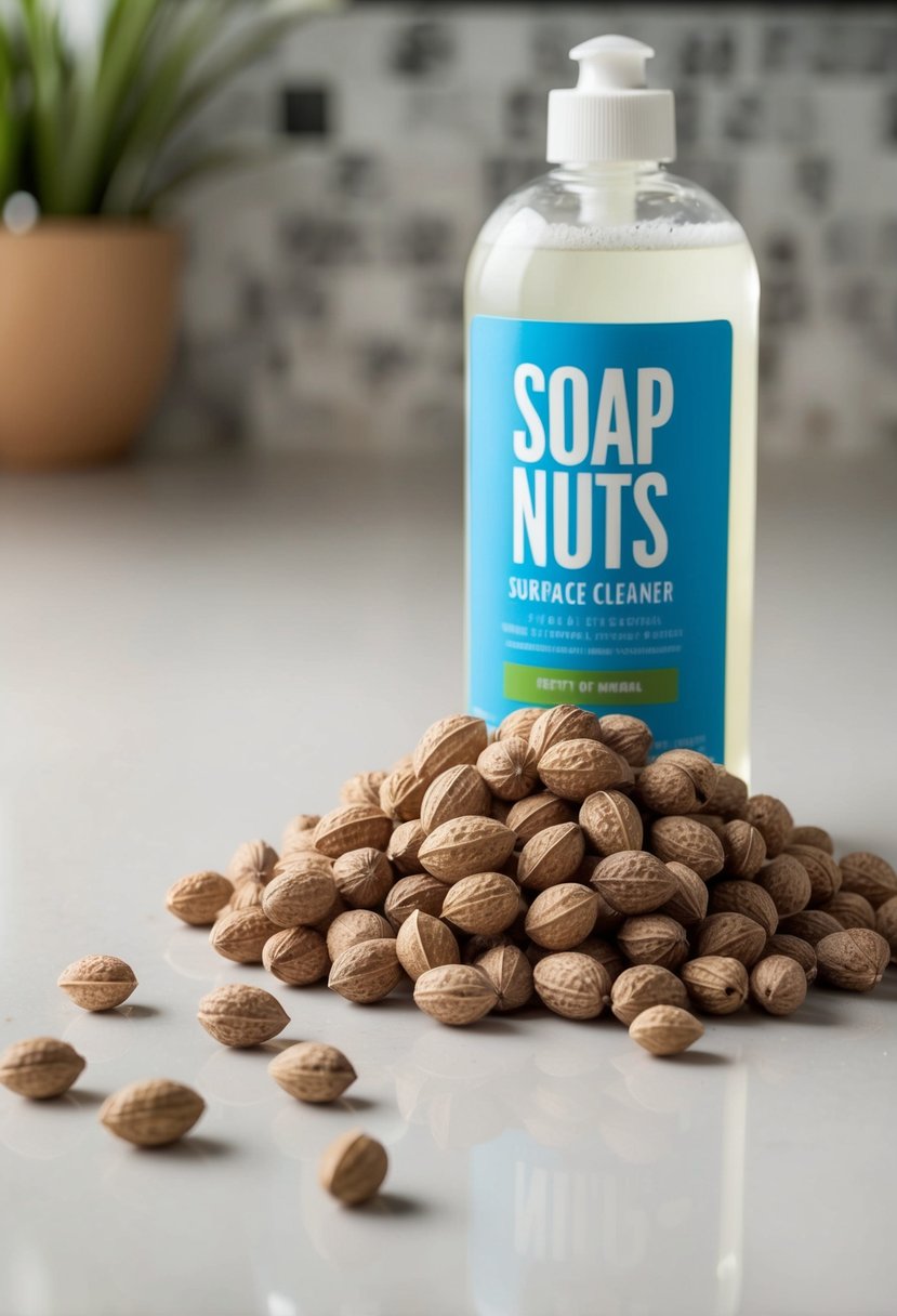 A pile of soap nuts sits next to a bottle of surface cleaner, with a few nuts scattered on a clean countertop