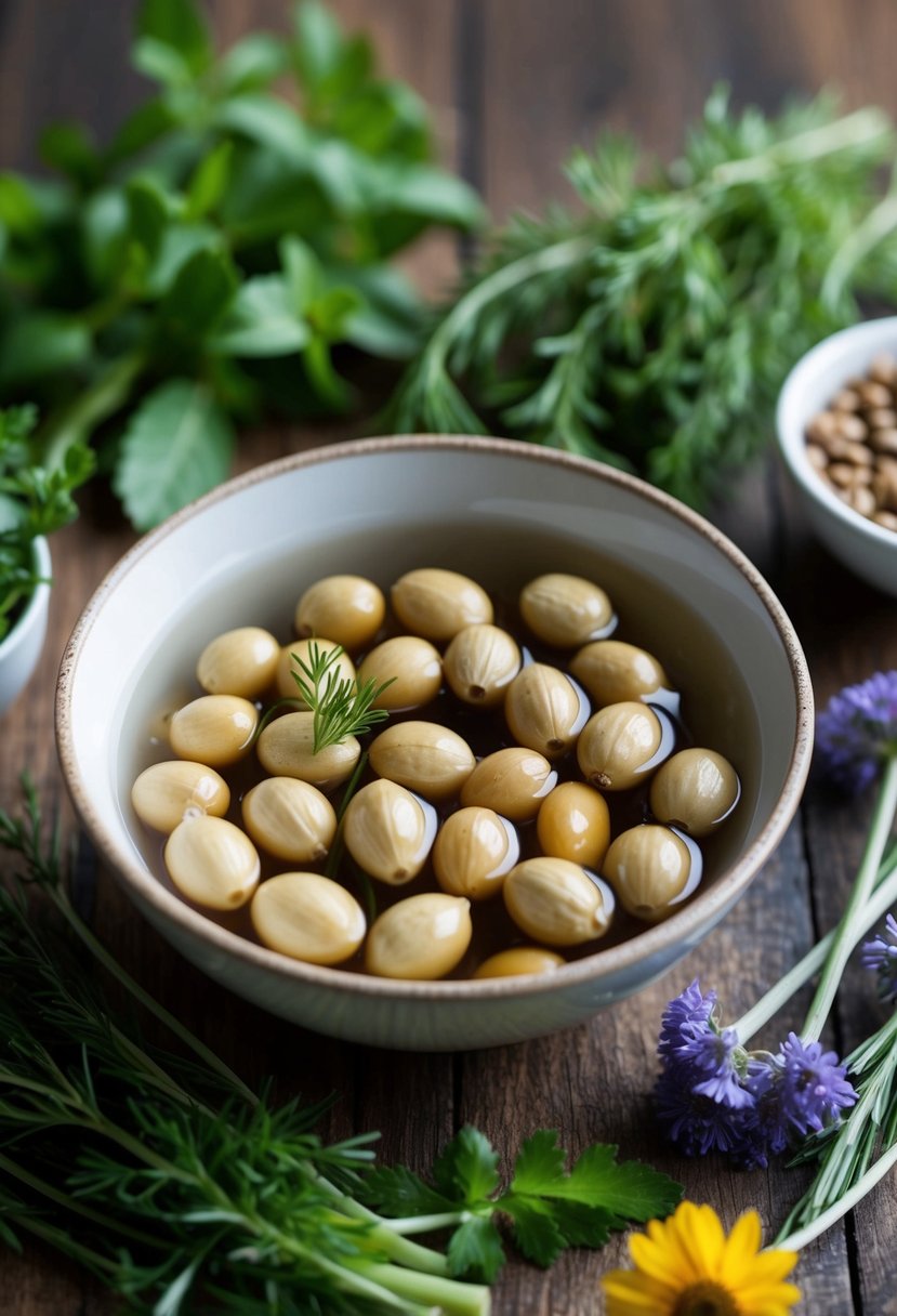 A bowl of soap nuts soaking in water, surrounded by fresh herbs and flowers